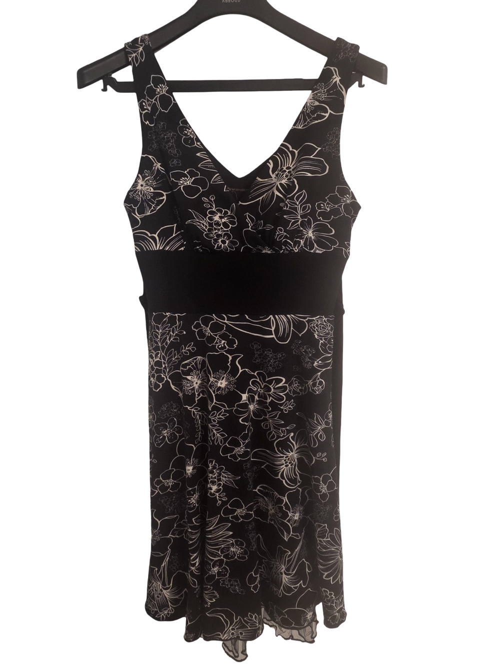 Black Floral V-Neck Midi Dress with White Outline Print